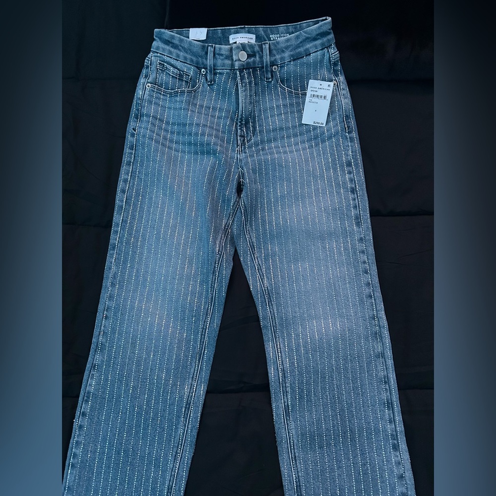 blue sparkle straight leg jeans good american